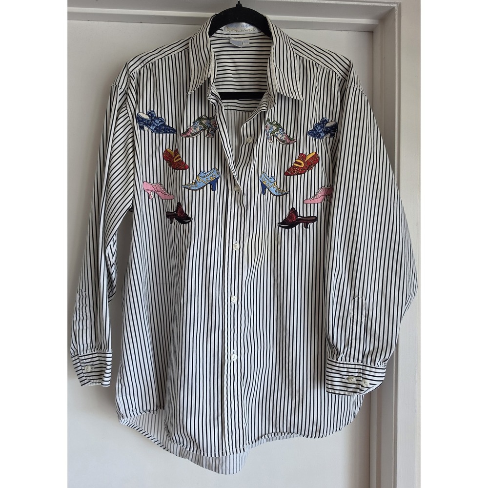 VTG Casey Coleman Women Shirt M/L Striped Black White Cotton Shoes Whimsy